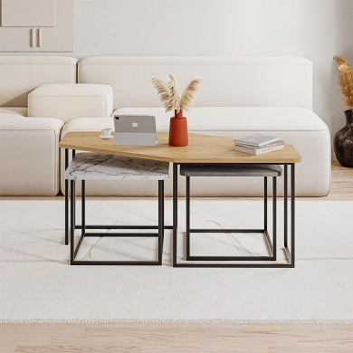 Set of coffee tables Nesty Megapap 3 pcs of melamine sapphire oak color - gray retro - white marble effect 110x60x48cm.