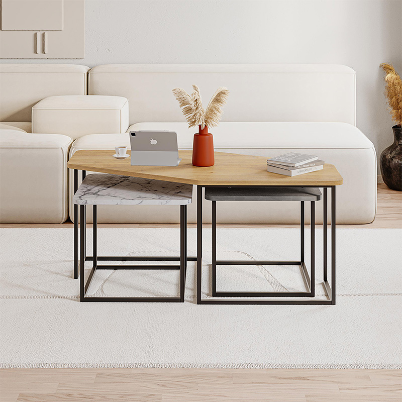 Τραπεζάκι σαλονιού σετ 3 τμχ. Nesty Megapap χρώμα saphhire oak - γκρι ρετρό - λευκό εφέ μαρμάρου 110x60x48εκ.