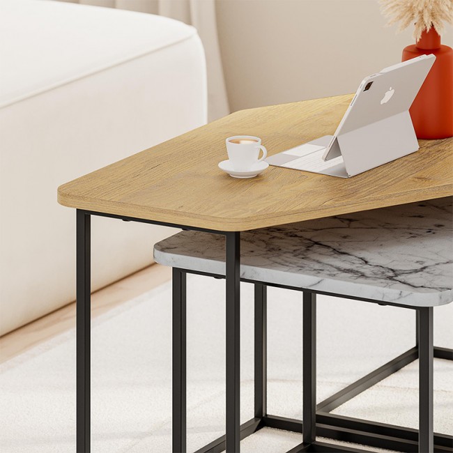 Τραπεζάκι σαλονιού σετ 3 τμχ. Nesty Megapap χρώμα saphhire oak - γκρι ρετρό - λευκό εφέ μαρμάρου 110x60x48εκ.