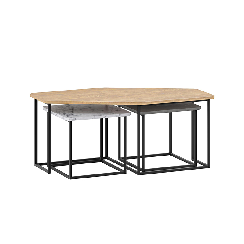 Τραπεζάκι σαλονιού σετ 3 τμχ. Nesty Megapap χρώμα saphhire oak - γκρι ρετρό - λευκό εφέ μαρμάρου 110x60x48εκ.