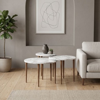 Τραπεζάκι σαλονιού σετ 3 τμχ Nola Megapap χρώμα λευκό εφέ μαρμάρου Ø60x46εκ.