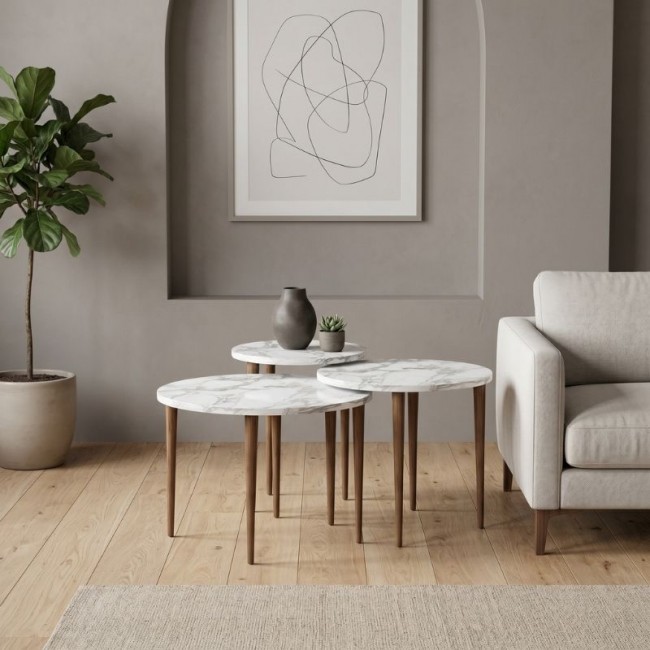 Τραπεζάκι σαλονιού σετ 3 τμχ Nola Megapap χρώμα λευκό εφέ μαρμάρου Ø60x46εκ.