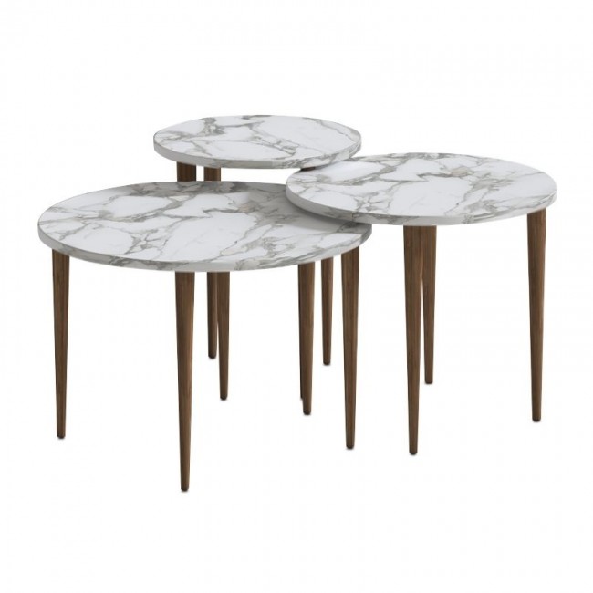 Τραπεζάκι σαλονιού σετ 3 τμχ Nola Megapap χρώμα λευκό εφέ μαρμάρου Ø60x46εκ.