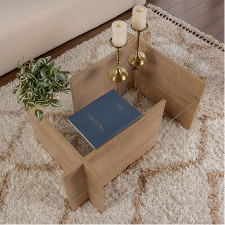 Vetrino Megapap melamine - tempered glass coffee table in honey oak color 105x65x40cm.