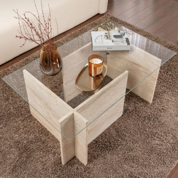 Vetrino Megapap melamine - tempered glass coffee table in travertine color 105x65x40cm.