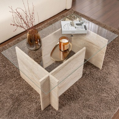 Vetrino Megapap melamine - tempered glass coffee table in travertine color 105x65x40cm.