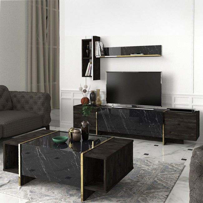 Τραπεζάκι σαλονιού Veyron Megapap χρώμα μαύρο rebab - μαύρο εφέ μαρμάρου 104x60x37,3εκ.