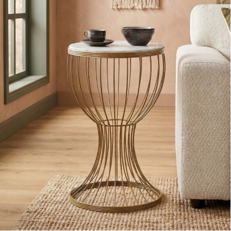 Aldora Megapap metallic - Mdf side table in gold - white marble effect color 35x35x58cm.