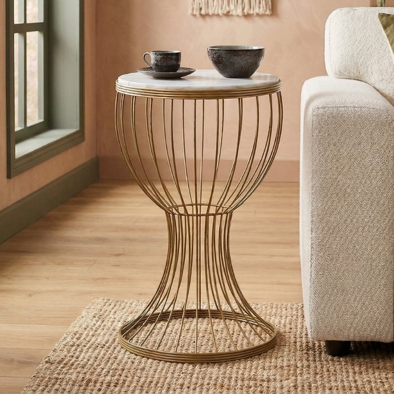 Aldora Megapap metallic - Mdf side table in gold - white marble effect color 35x35x58cm.