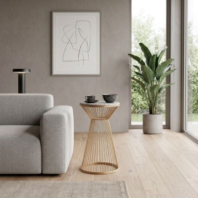 Τραπεζάκι βοηθητικό Cresta Megapap μεταλλικό - Mdf χρώμα χρυσό - λευκό εφέ μαρμάρου Ø34,5x58,5εκ.