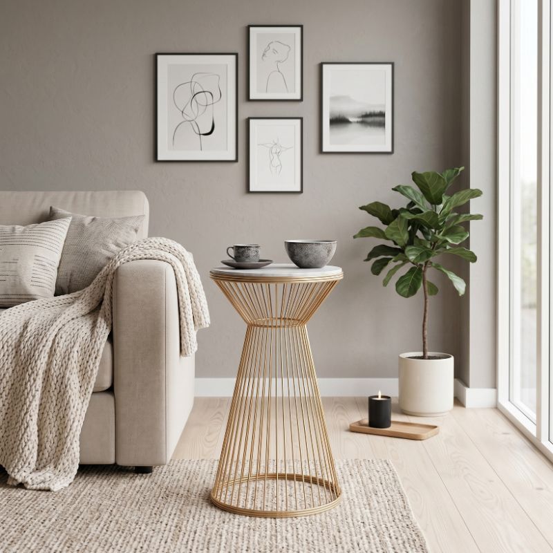 Cresta Megapap metal - MDF side table in gold - white marble color Ø34,5x58,5cm.