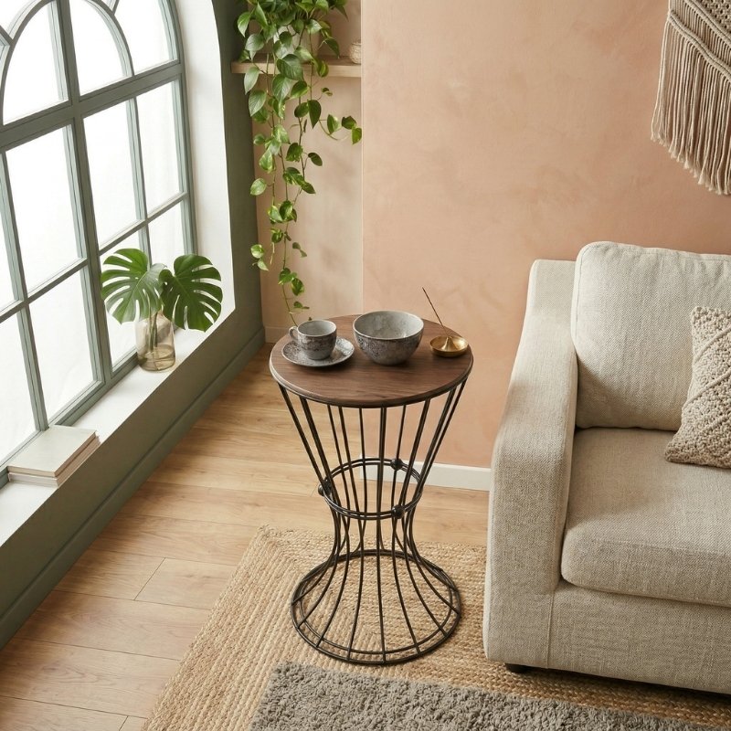 Girene Megapap metallic - Mdf side table in walnut - black color 32x32x58cm.