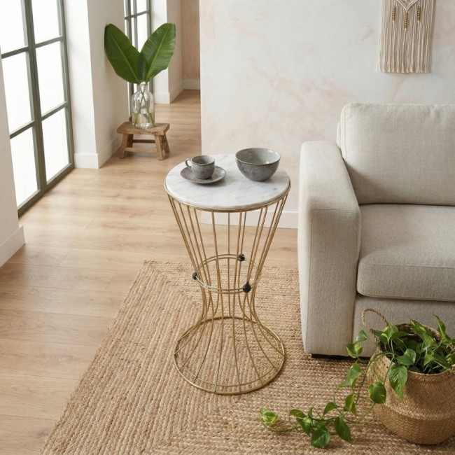 Βοηθητικό τραπεζάκι Girene Megapap μεταλλικό - Mdf χρώμα χρυσό - λευκό εφέ μαρμάρου 32x32x58εκ.