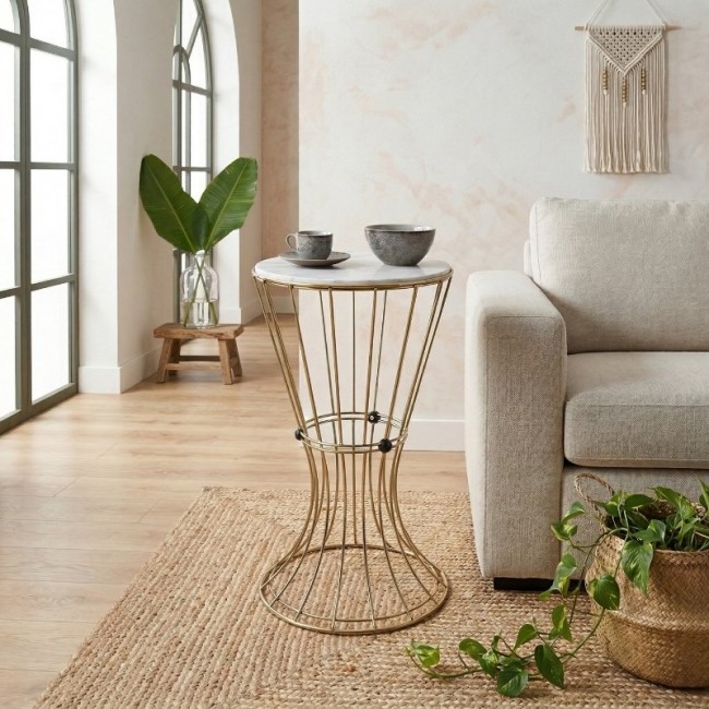 Βοηθητικό τραπεζάκι Girene Megapap μεταλλικό - Mdf χρώμα χρυσό - λευκό εφέ μαρμάρου 32x32x58εκ.