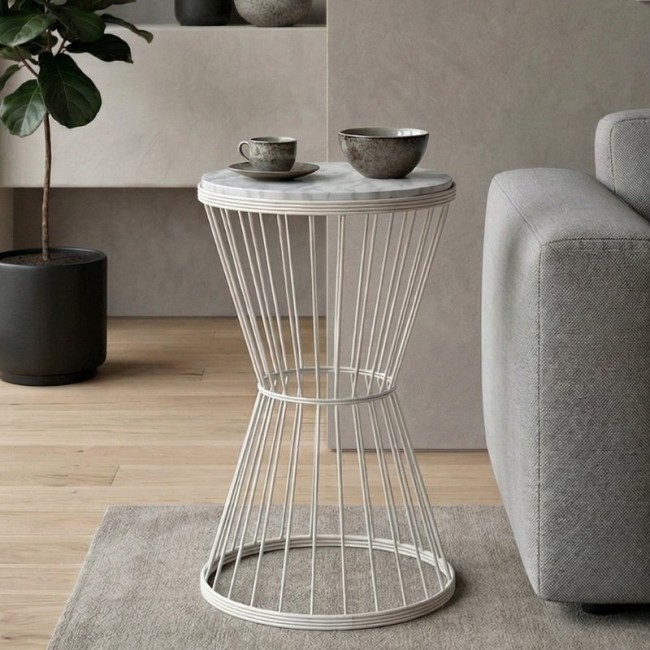 Βοηθητικό τραπεζάκι Hoffman Megapap μεταλλικό - Mdf χρώμα λευκό - λευκό εφέ μαρμάρου 35x35x58εκ.