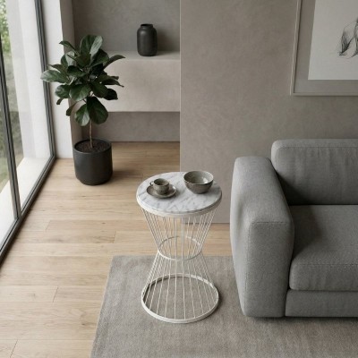 Τραπεζάκι βοηθητικό Hoffman Megapap μεταλλικό - Mdf χρώμα λευκό - λευκό εφέ μαρμάρου 35x35x58εκ.