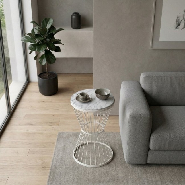 Βοηθητικό τραπεζάκι Hoffman Megapap μεταλλικό - Mdf χρώμα λευκό - λευκό εφέ μαρμάρου 35x35x58εκ.