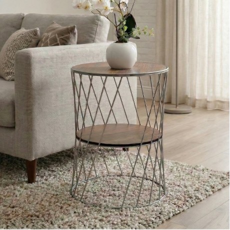 Jaspin Megapap metallic - Mdf side table in silver - walnut color 32x32x44cm.