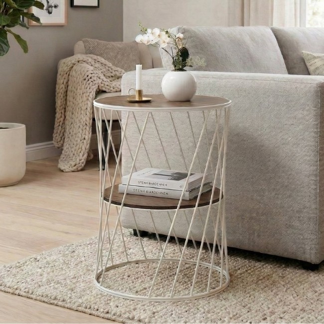 Βοηθητικό τραπεζάκι Jaspin Megapap μεταλλικό - Mdf χρώμα λευκό - καρυδί 32x32x44εκ.