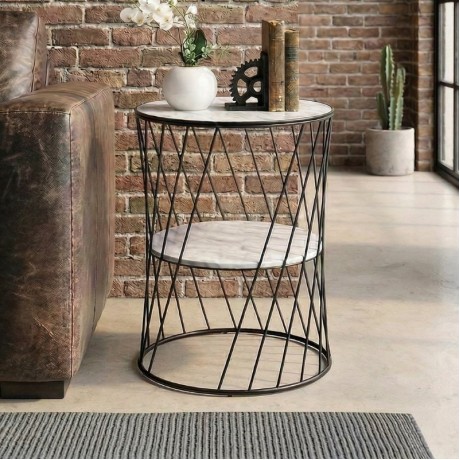 Jaspin Megapap metallic - Mdf side table in black - white marble effect color 32x32x44cm.
