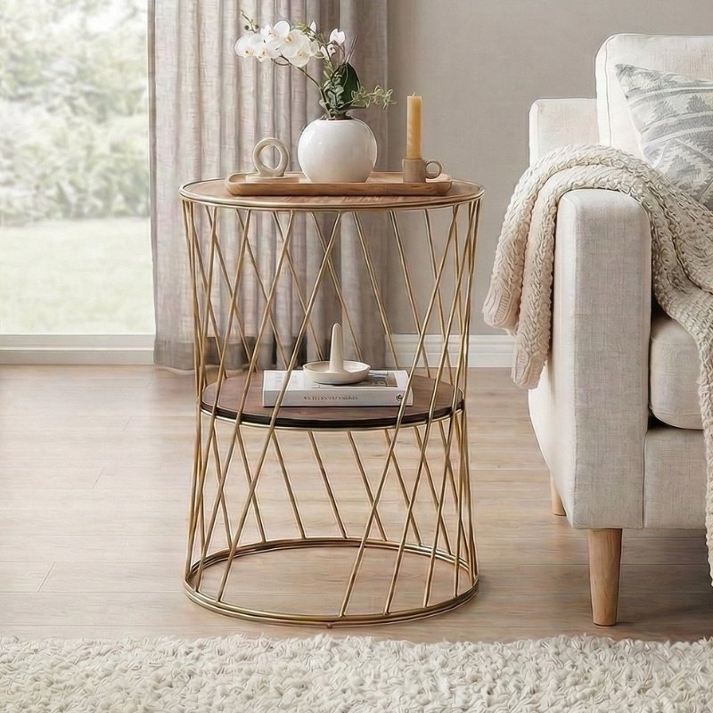 Jaspin Megapap metallic - Mdf side table in golden - walnut color 32x32x44cm.