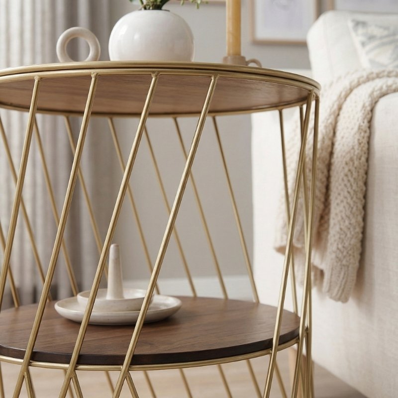 Jaspin Megapap metallic - Mdf side table in golden - walnut color 32x32x44cm.