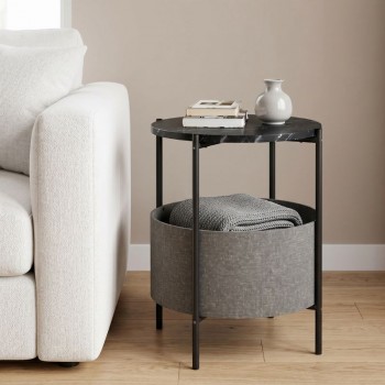 Kalid Megapap melamine- fabric side table in black marble effect - grey color 43x43x60cm.