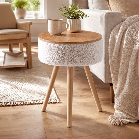Τραπεζάκι βοηθητικό Luno Megapap ύφασμα teddy χρώμα λευκό - pine oak Ø33x50εκ.