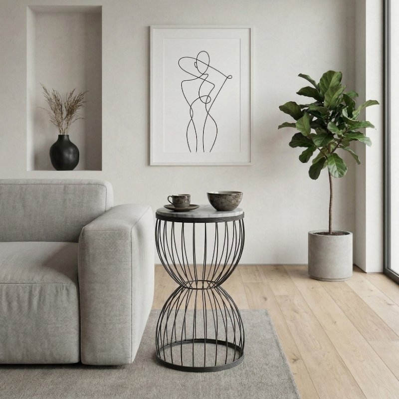 Pino Megapap metallic - Mdf side table in black - white marble effect color 35x35x58cm.