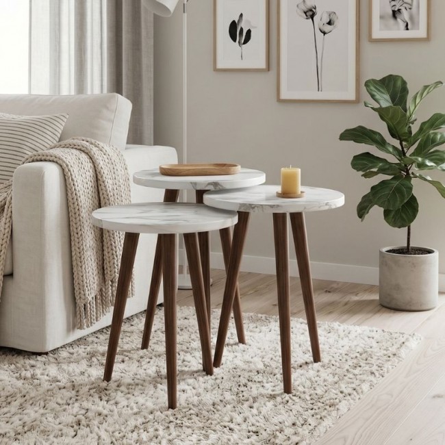 Τραπεζάκι βοηθητικό σετ 3 τμχ Cruz Megapap χρώμα λευκό εφέ μαρμάρου Ø33x46εκ.