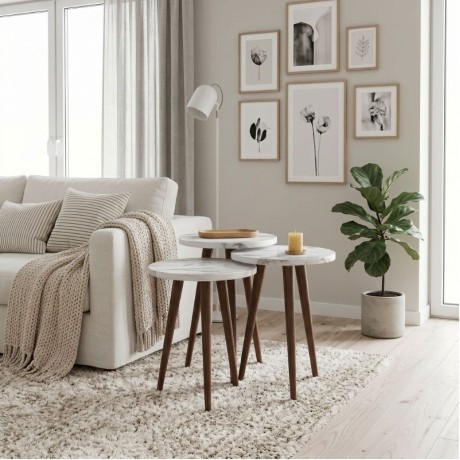 Cruz Megapap melamine side table 3 pieces in white marble effect color Ø33x46cm.