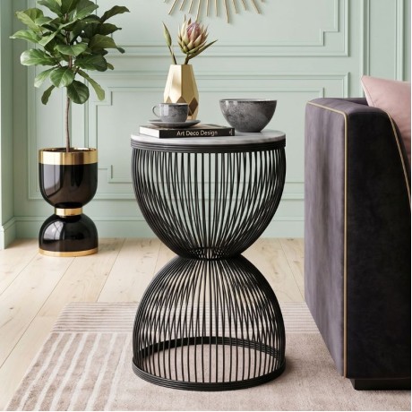 Stella Megapap metal - MDF side table in black - white marble effect color Ø34,5x56,5cm.