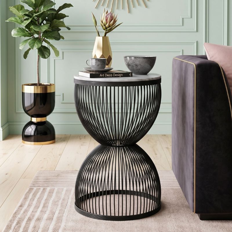 Stella Megapap metal - MDF side table in black - white marble effect color Ø34,5x56,5cm.