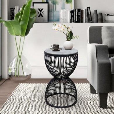 Stella Megapap metal - MDF side table in black - white marble effect color Ø34,5x56,5cm.