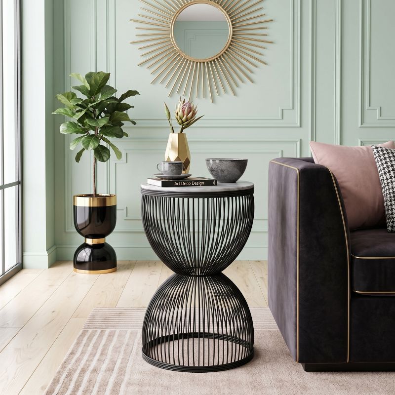 Stella Megapap metal - MDF side table in black - white marble effect color Ø34,5x56,5cm.
