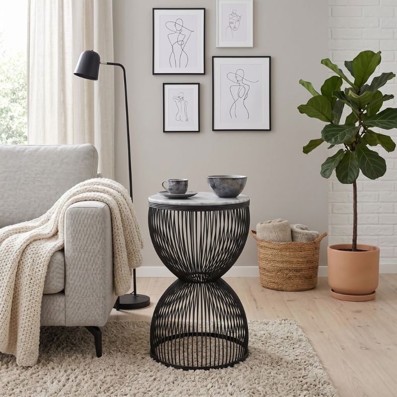 Stella Megapap metal - MDF side table in black - white marble effect color Ø34,5x56,5cm.