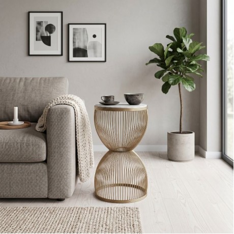 Stella Megapap metal - MDF side table in gold - white marble color Ø34,5x56,5cm.