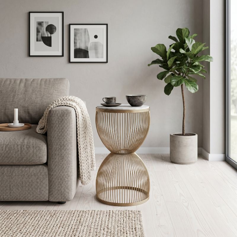 Stella Megapap metal - MDF side table in gold - white marble color Ø34,5x56,5cm.