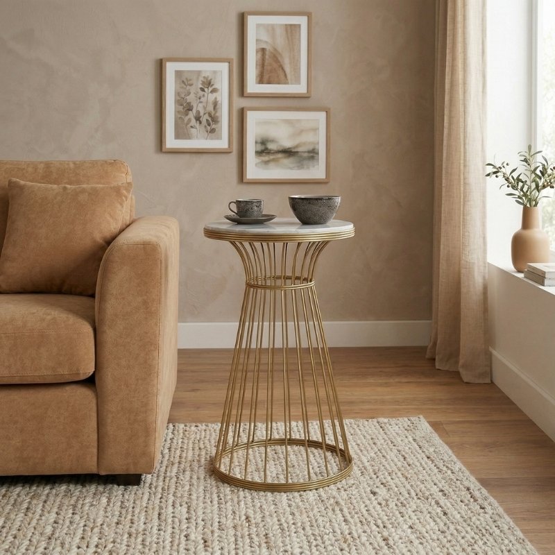 Tekosi Megapap metallic - Mdf side table in gold - white marble effect color 35x35x58cm.