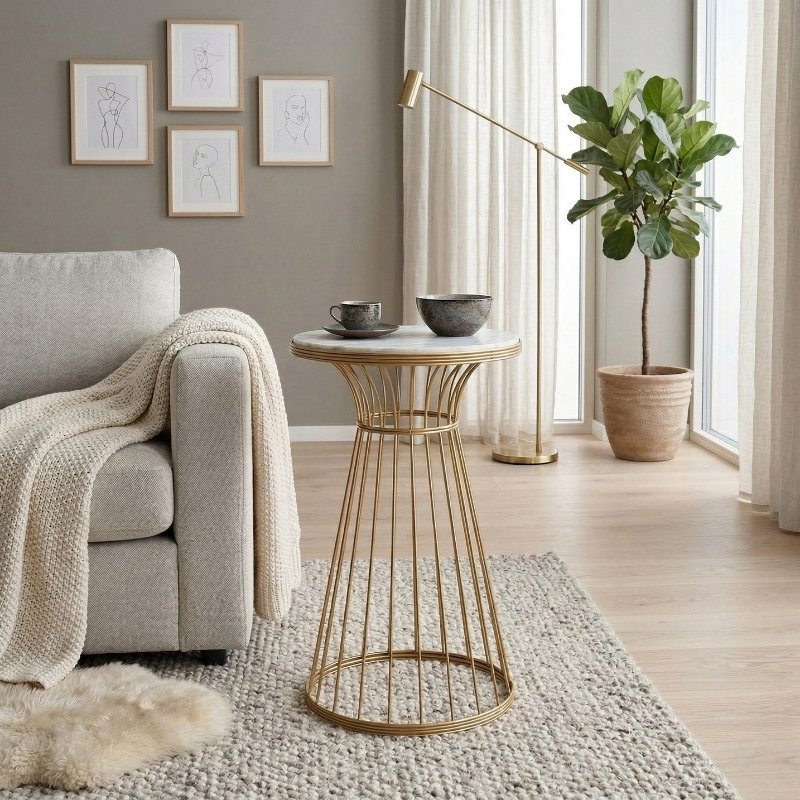 Tekosi Megapap metallic - Mdf side table in gold - white marble effect color 35x35x58cm.