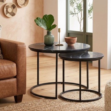 Τραπεζάκια σαλονιού Gary Megapap Mdf - μεταλλικό χρώμα μαύρο εφέ μαρμάρου 65x65x44εκ.