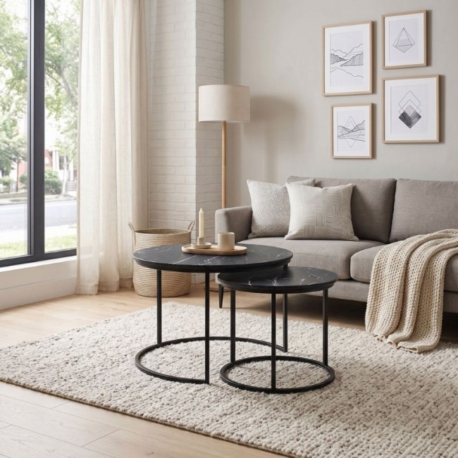 Τραπεζάκια σαλονιού Gary Megapap Mdf - μεταλλικό χρώμα μαύρο εφέ μαρμάρου 65x65x44εκ.