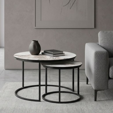 Τραπεζάκια σαλονιού Gary Megapap Mdf - μεταλλικό χρώμα μπεζ εφέ μαρμάρου 65x65x44εκ.