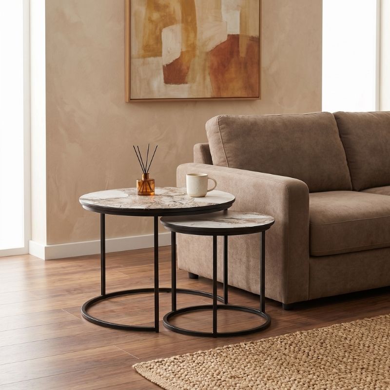 Gary Megapap Mdf/metallic coffee tables in beige marble effect color 65x65x44cm.