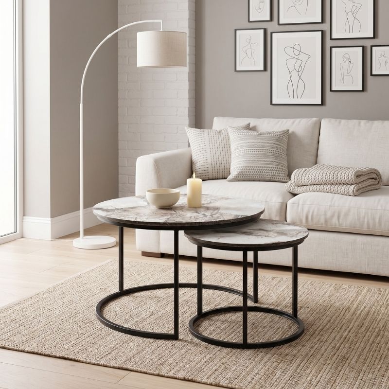 Gary Megapap Mdf/metallic coffee tables in beige marble effect color 65x65x44cm.