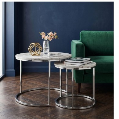 Τραπεζάκια σαλονιού Gary Megapap Mdf - μεταλλικό χρώμα μπεζ εφέ μαρμάρου - χρωμίου 65x65x44εκ.