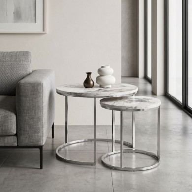 Τραπεζάκια σαλονιού Gary Megapap Mdf - μεταλλικό χρώμα μπεζ εφέ μαρμάρου - χρωμίου 65x65x44εκ.