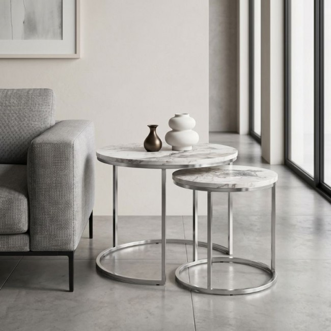 Τραπεζάκια σαλονιού Gary Megapap Mdf - μεταλλικό χρώμα μπεζ εφέ μαρμάρου - χρωμίου 65x65x44εκ.