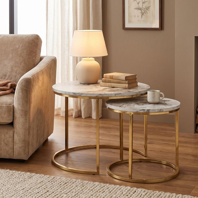 Gary Megapap Mdf/metallic coffee tables in beige marble effect - gold color 65x65x44cm.