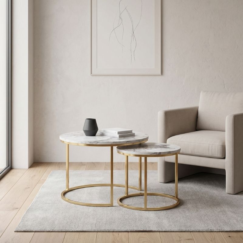 Gary Megapap Mdf/metallic coffee tables in beige marble effect - gold color 65x65x44cm.